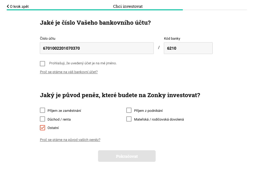 Další kroky registrace: bankovní účet