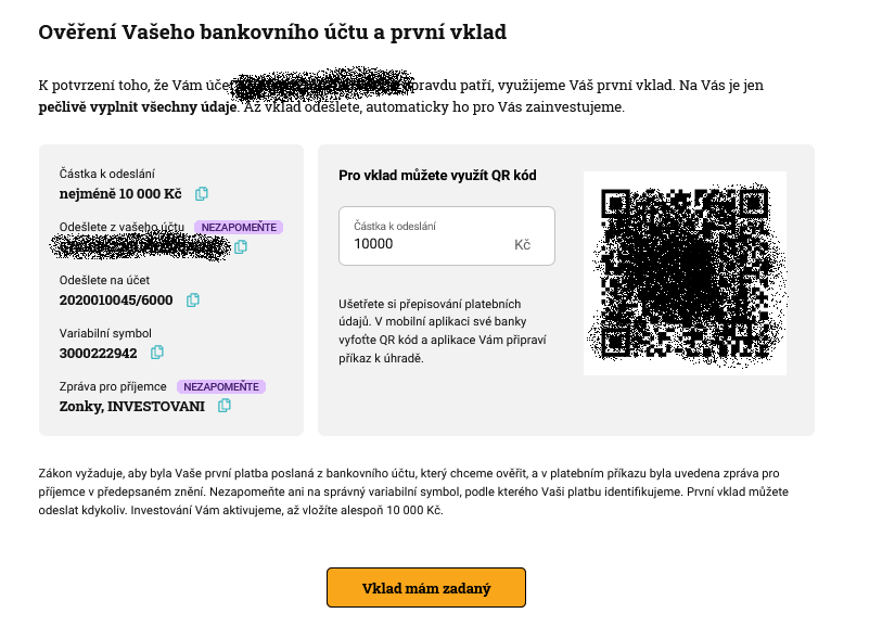 Další kroky registrace: Pokyny k první platbě, QR kód
