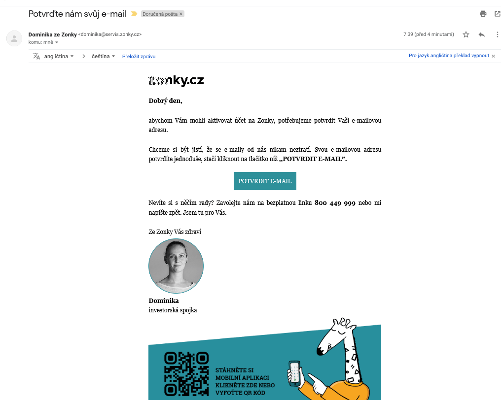 Email k potvrzení registrované adresy
