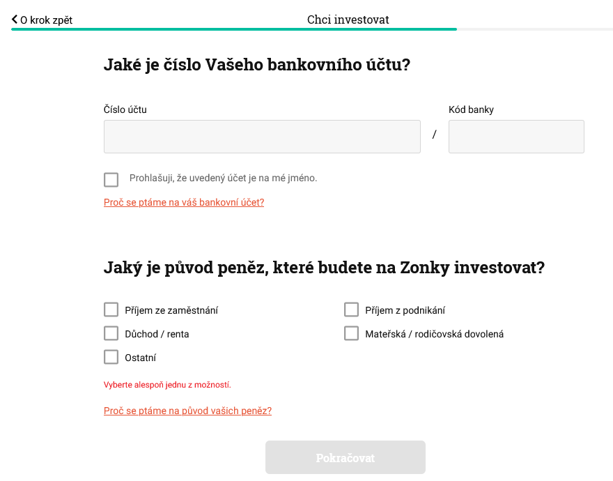 Osmý krok registrace do investic na Zonky.cz