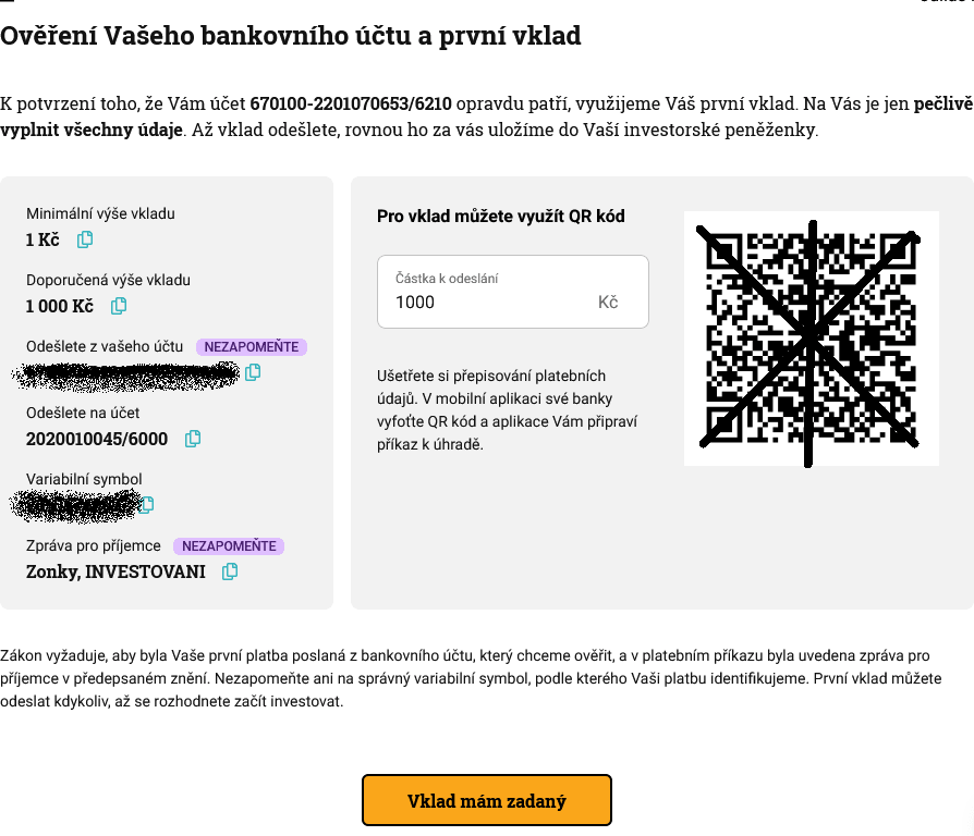 Třináctý krok registrace do investic na Zonky.cz
