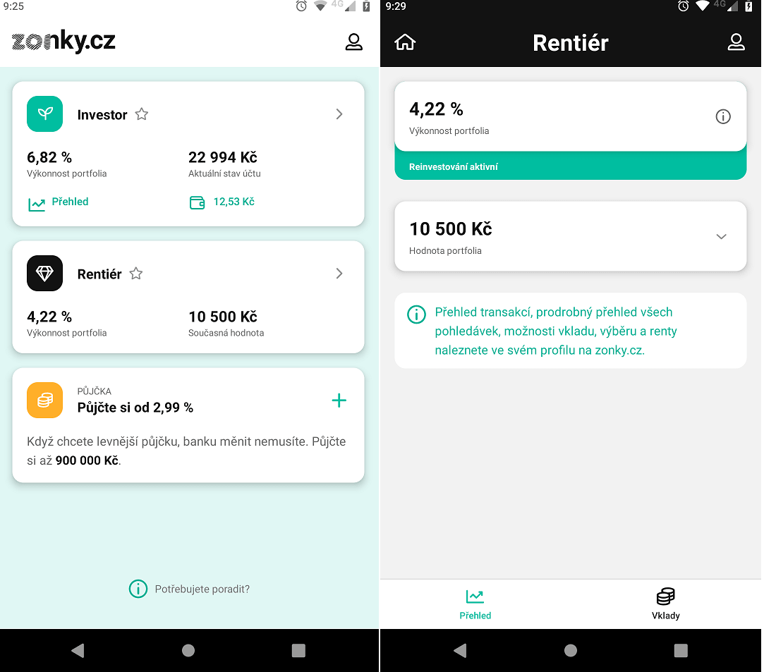 Profil Zonky Rentiér v mobilní aplikaci Zonky